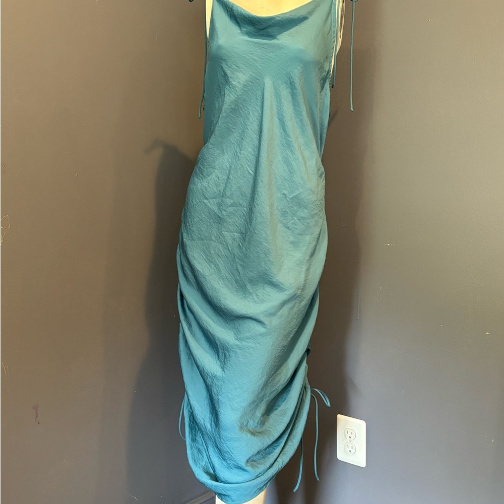 Fashion Nova Green Ruched Slip Midi Dress